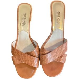MICHAEL KORS Brown  Leather Slides Wood Heels Sandals Women's Shoes Sz 8.5M